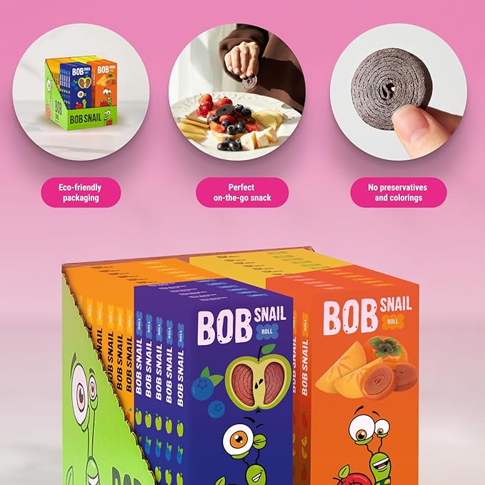 BOB SNAIL Healthy Organic Fruit Snacks for Kids and Adults – 60 Organic Fruit Roll Up with Mango, Apple, Blueberry, Persimmon –Vegan Low-Carb Variety Pack Leather Strips for Kids–Sugar Free Jerky Bar