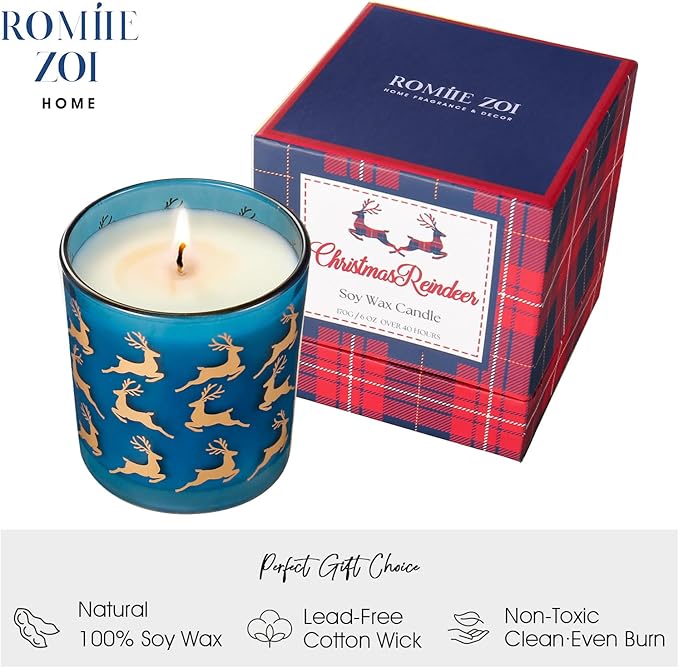 ROMIIE ZOI Christmas Scented Candle - 6oz Soy Wax Candle, Christmas Reindeer, Infused with Peppermint Aroma - Scottish Plaid Navy and Red Gift Box for Holiday Season Gift
