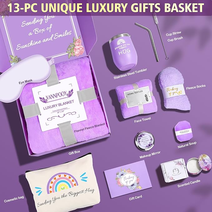 Get Well Gifts for Women, Thinking of You Gift Basket, Unique Self Care Package Relaxing Spa Gift Set, Birthday Gifts Box for Woman, Mothers Day Gifts for Mom Her Friend Wife Sister, Purple
