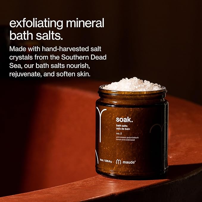 Maude Soak No. 2 - Nourishing Mineral Bath Salts - Hand-Harvested Dead Sea Salt with Magnesium & Potassium Chloride - Soften & Rejuvenate Skin - Notes of Pink Pepper & Lemon (8 oz)
