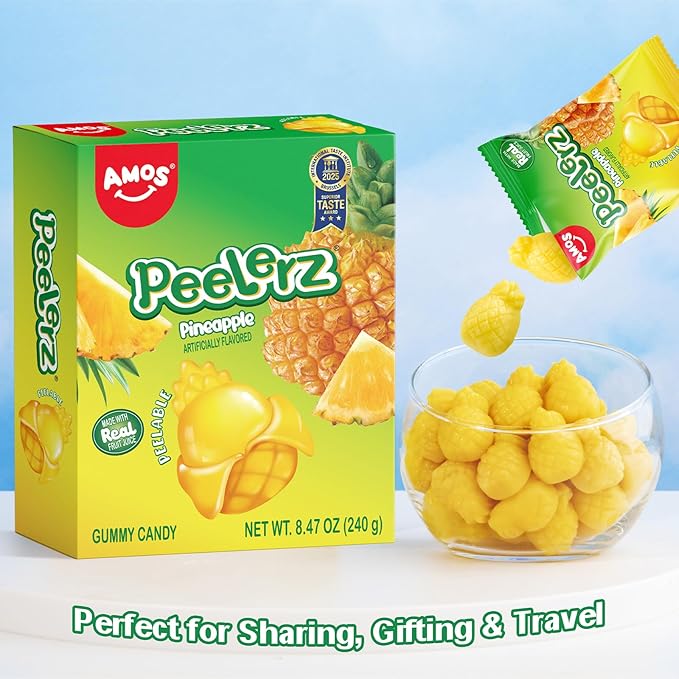 AMOS Peelerz Pineapple Gummy Candy, Peelable Fruit-Shaped Candy, 8.47oz Box with 10 Individual Packs – Fun Peeling Gummy Snack Made with Real Juice