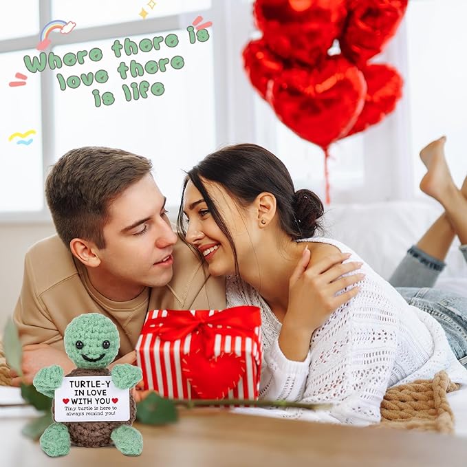 Funny Turtle Crochet Gifts for Her Him, I Love You for Wife Husband, Small Gifts for Girlfriend Boyfriend, Cute Anniversary Birthday, Emotional Positive Crochet Turtle