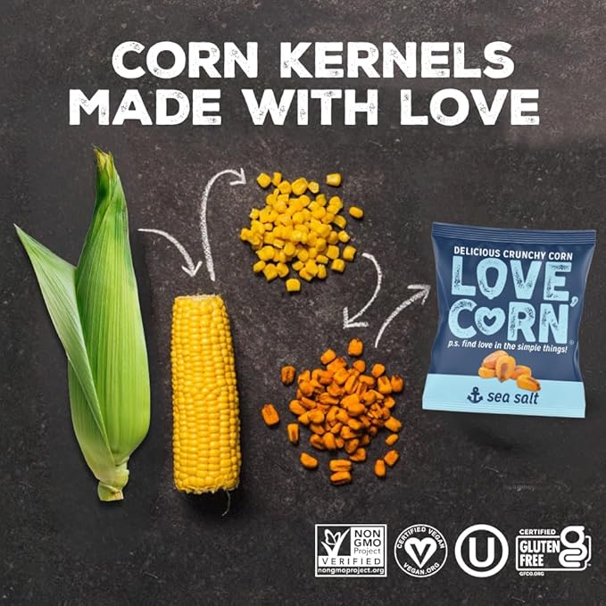 LOVE CORN Sampler Variety Pack 0.7oz x 8 Bags [2x Sea Salt, 2x Sour Cream and Onion, 1 Each of Cheddar, BBQ, Salt & Vinegar and Hot & Spicy] - Delicious Crunchy Corn - Healthy Family Snacks - Gluten Free, Kosher, NON-GMO