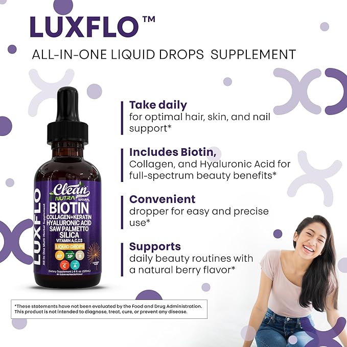 Biotin Liquid Drops Collagen Keratin Hyaluronic Acid Saw Palmetto for Hair Skin and Nails Silica Vitamin A C Vitamin D Bamboo Turmeric Zinc Folate Magnesium Horsetail LuxGlo by Clean Nutra