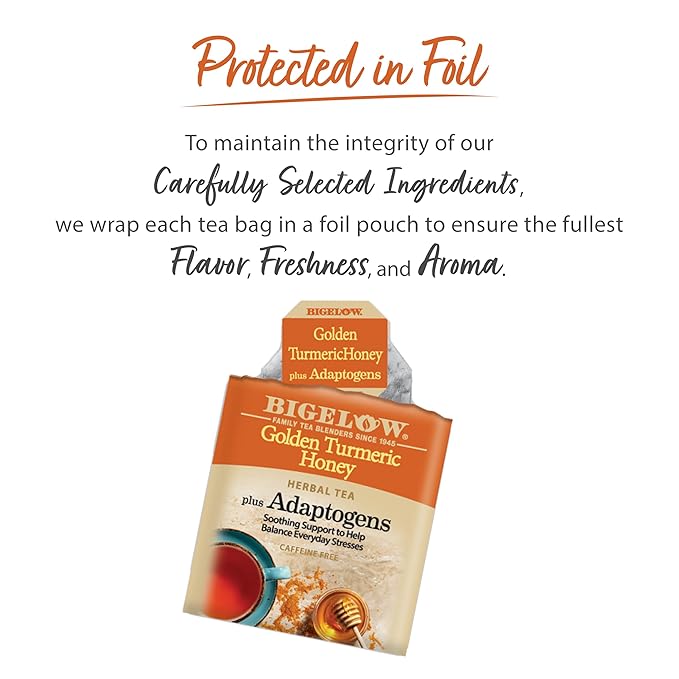 Bigelow Tea Golden Turmeric Honey plus Adaptogens, 18 Count (Pack of 6), 108 Total Tea Bags