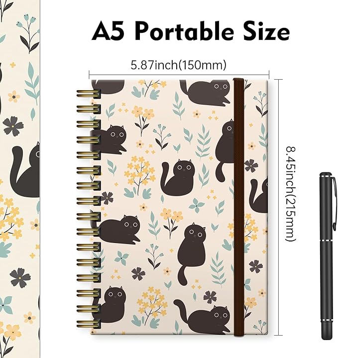 Cute Spiral Notebook, Journal for Women, Hardcover Spiral Journal, 5.5 x 8.3 Inches, 120 Pages,100gsm Paper, for Gifts Nurse Teacher Women Office Supplies(Cute Black Cat)