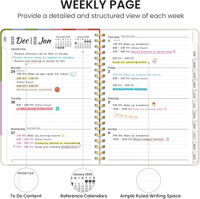 2026 Planner, Monthly and Weekly Calendar Planner for Women, January 2026 - December 2026, Hardcover Pretty 2026 Agenda Planner Book with Tabs, Spiral Bound, Perfect for School Office Home Supplies, 6.3" x 8.5" - Color Column