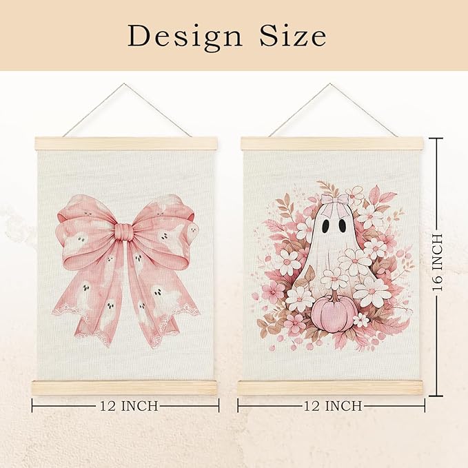 Exqcom Coquette Pink Bow Floral Halloween Ghost Wall Decor Set of 2, Preppy Pink Fall Pumpkin Floral Wall Art Poster, Halloween Ghost Posters for Girly Room Bedroom Dorm Apartment Home, 12x16 Inches