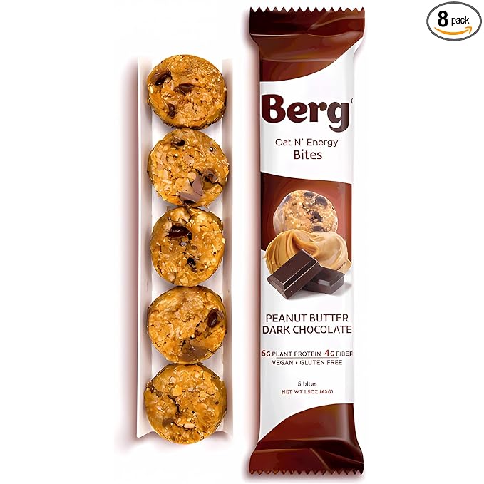 Berg Oat N' Energy Bites - Peanut Butter & Dark Chocolate - Non-GMO, Gluten Free, Dairy Free, Soy Free and Vegan - Clean Energy Snack - 1.5oz, (8 Pack)
