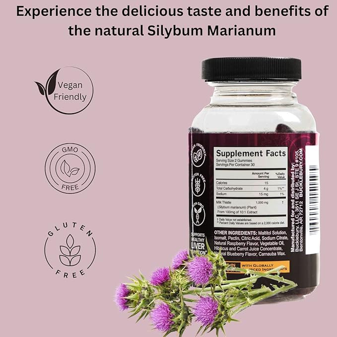 Bucklebury Sugar-Free Milk Thistle Gummies 1000mg with Natural Blueberry Flavor - Vegan, Gluten-Free, Non-GMO Natural Milk Thistle Supplement for Liver Health, Immunity & Antioxidant Support -60 Count