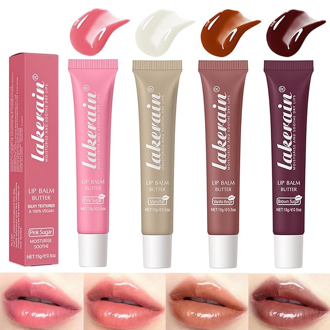 4 Color Glossy Lip Balm Butter Lip Gloss，Moisturizing Non Sticky High Shiny Finish Lip Glow Oil, Natural Plumping Lip Tint Lip Care & Repair Lip Mask for Soft & Smooth & Protect Dry Lip