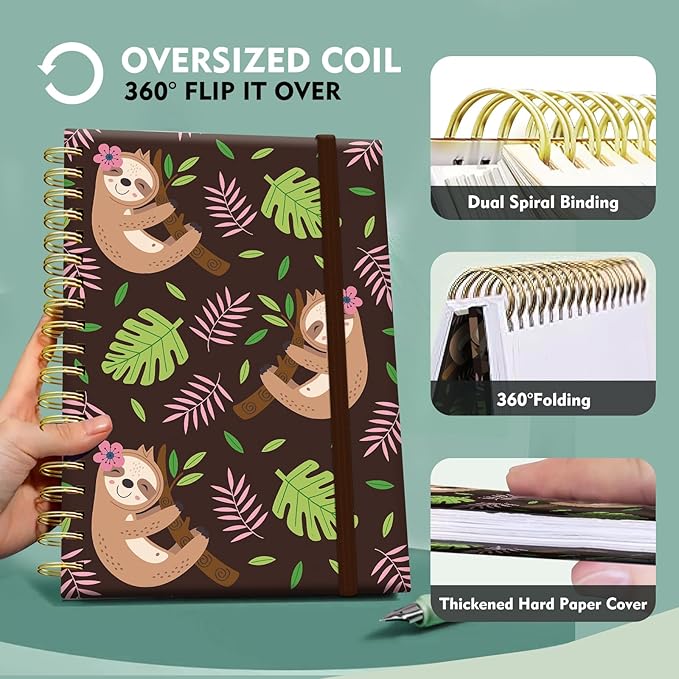 Cute Spiral Notebook, Journal for Women, Hardcover Spiral Journal, 5.5 x 8.3 Inches, 120 Pages,100gsm Paper, for Gifts Nurse Teacher Women Office Supplies(Cute Sloth)