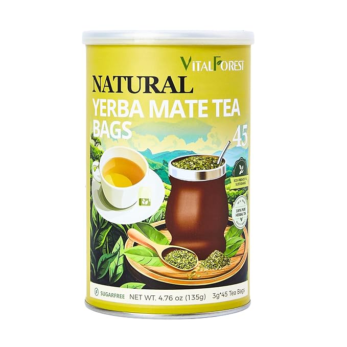 45 Yerba Mate Tea Bags, VitalForest Unsmoked Yerba Mate from Rainforest, Energy Burst Yerba Tea