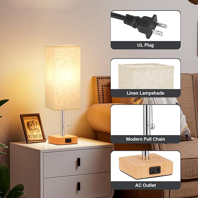 Fenmzee Table Lamp for Bedroom Set of 2 Nightstand - 3 Color Bedside Lamps with AC Outlets for Charging, Square Wooden Night Stand Light Lamp for Living Room, Office Desk