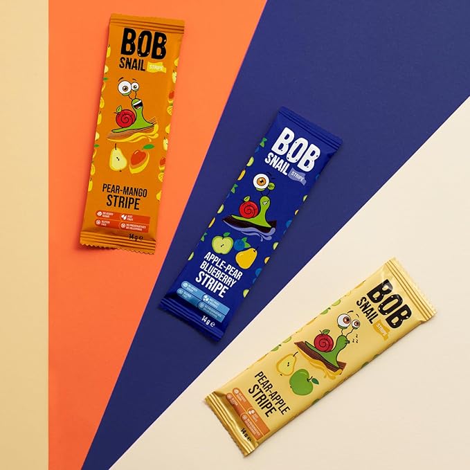 BOB SNAIL Healthy Organic Fruit Snacks for Kids and Adults – 30 Organic Fruit Leather Snacks with Pear & Apple, Blueberry, Mango – Vegan Low-Carb Variety Pack Strips for Kids – Sugar Free Jerky Bars