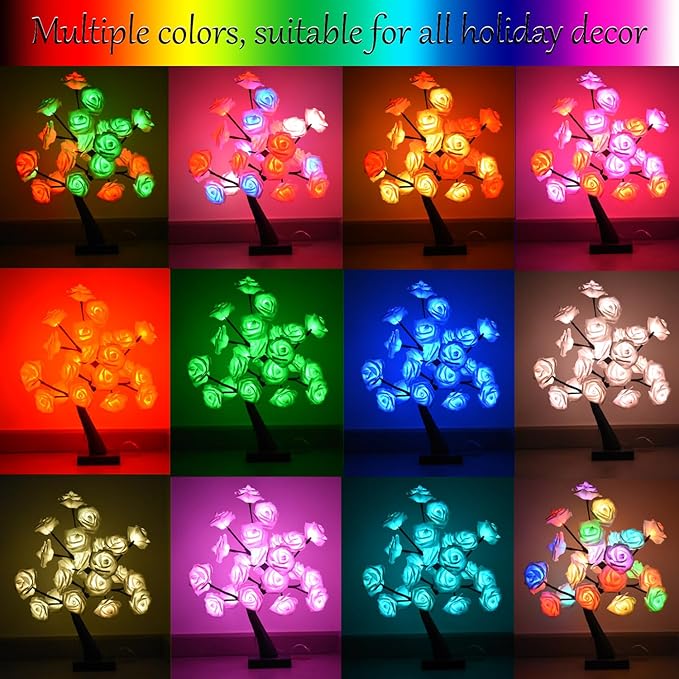 24 LED Rose Tree Lamp, Color Changing Artificial Rose Lamp with Remote, USB Powered Bonsai Night Light for Valentine's Day, Home Desk Decor, Wedding Christmas Party Centerpiece