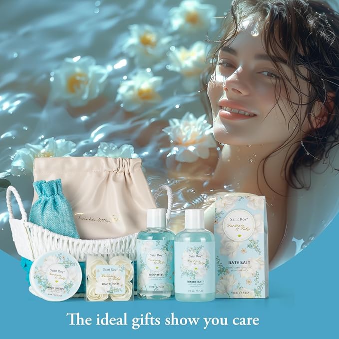 Christmas Gifts for Women bath basket, Spa Gift Baskets for Women, Gardenia Tulip Home Spa Kit with Cosmetic Bag gift woman, Bath & Body Basket Set 8Pcs Bath and Body Gifts Set, Luxury Spa baskets