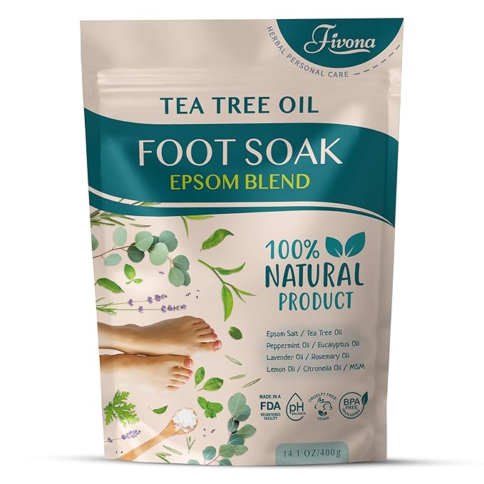 Fivona Tea Tree Foot Soak Blend 14.1 oz - Epsom Salt with Essential Oils for Healthy Toenails, Soothing Relief, Callus Softening - Pedicure Therapy for Soft, Rejuvenated Feet