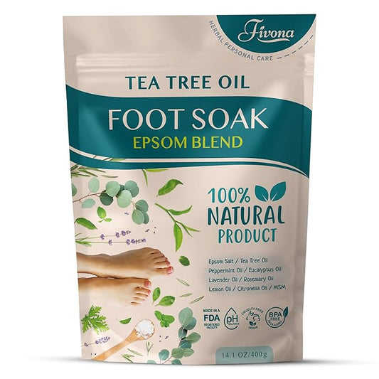 Fivona Tea Tree Foot Soak Blend 14.1 oz - Epsom Salt with Essential Oils for Healthy Toenails, Soothing Relief, Callus Softening - Pedicure Therapy for Soft, Rejuvenated Feet