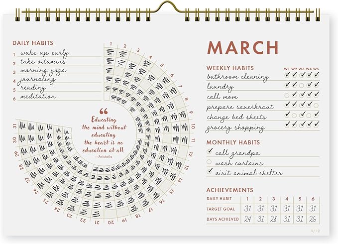12-Month Habit Tracker Calendar – Minimalist Spiral Wall Planner for Goals & Productivity, Daily/Weekly/Monthly Tracking, Wire-O Hanger, Thick 200 gsm Paper, Neutral Design