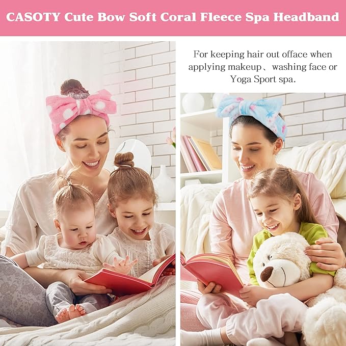Casoty Spa Headbands - 6 Pcs Soft Coral Fleece Makeup Headbands for Face Washing, Shower, Yoga, and More