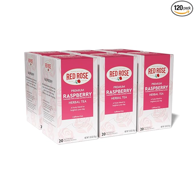 Red Rose Raspberry Herbal Tea Refreshing & Fruity Brewed Naturally Flavored Tea with 20 Individually Wrapped Tea Bags Per Box (Pack of 6) Caffeine Free Brew Hot