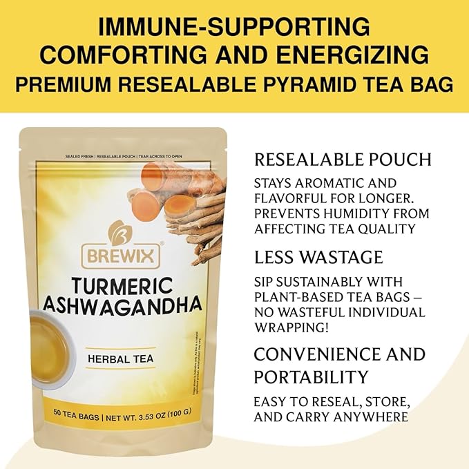 BREWIX, Turmeric Ashwagandha Herbal Tea (50 Pyramid Tea Bags) Adaptogenic Herbs for Stress & Mood Support | Evening Calm & Sleep Support | Real Ingredients From India, Caffeine Free & Naturally Gluten Free