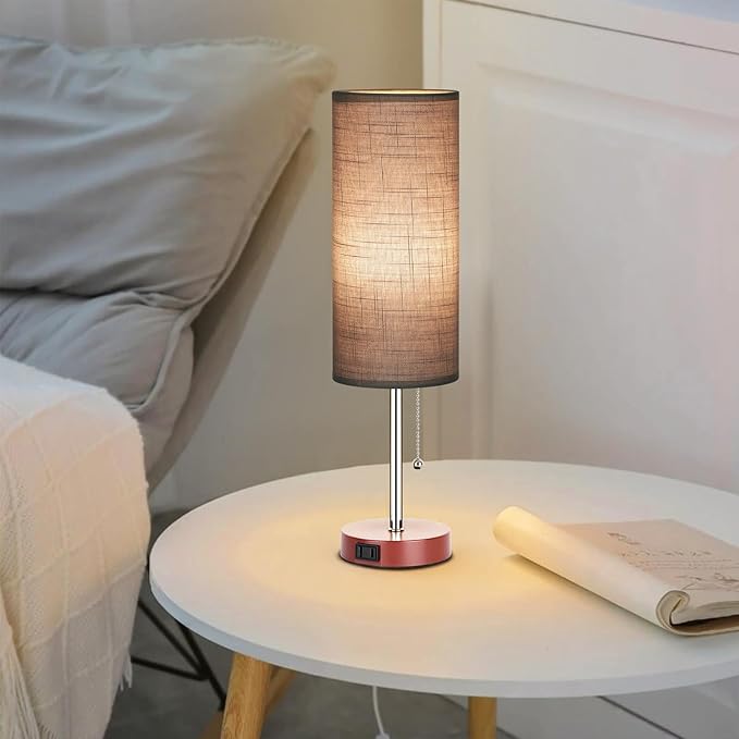 Dott Arts 18" Table Lamp for Bedroom, 3-Color Bedside Lamps with Pull Chain, Bedroom Table Lamps for Nightstand,AC Outlet Small Lamp for Living Room, Bulb Included Grey