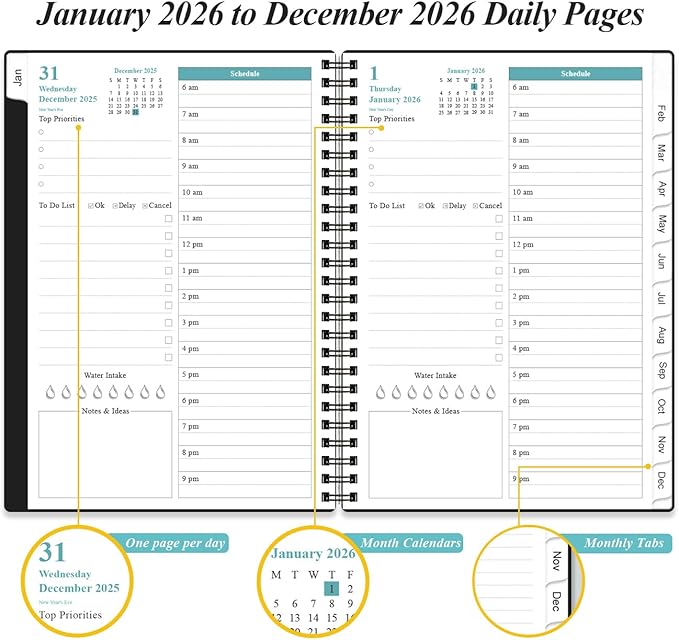 2026 Daily & Monthly Planner - One Page Per Day, Daily Planner from January 2026 to December 2026, Planner 2026 with 12 Monthly Tabs, 6.4" x 8.5", Black