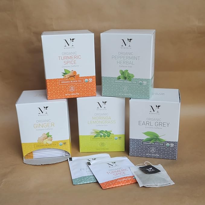 Mementa Inc Organic Moringa Lemongrass Herbal Tea Bags - 20 Individually Wrapped Bags Per Box, Pack of 6 Boxes - Premium Natural Ingredients for a Refreshing and Healthy Beverage