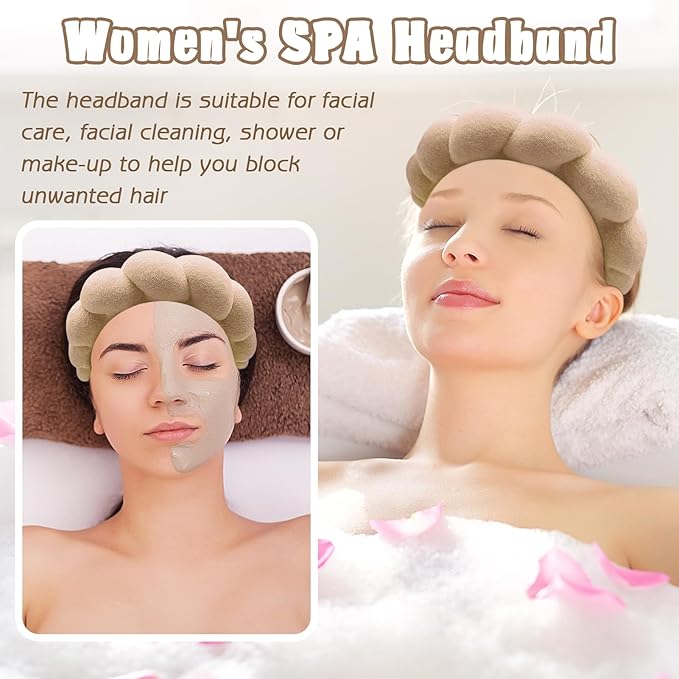 Zkptops Spa Headband for Washing Face Wristband Set Sponge Makeup Skincare Terry Cloth Bubble Soft Get Ready Hairband for Women Girl Puffy Padded Headwear Non Slip Thick Hair Accessory(Brown)