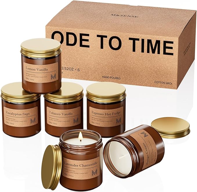 M&SENSE 6 Pack Candles Gift for Home Scented Aromatherapy Candle Set for Women Soy Wax Long Lasting Amber Jar Candles Gift for Birthday Housewarming Mother's Valentine Day