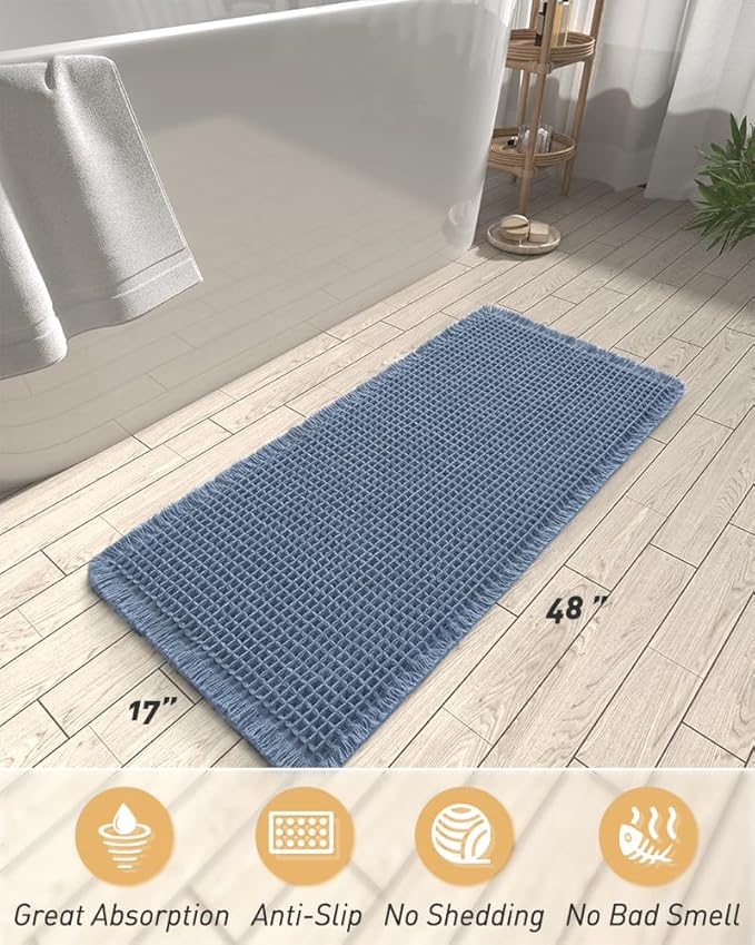 AMOAMI Upgraded Waffle Runner Rug Super Absorbent Non Slip Bath Mats for Bathroom Machine Washable Bathroom Runner Rug with Tassels, Ideal for Hallway Bedroom Laundry Room, 17" x 48", Blue