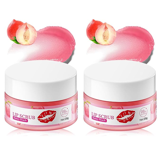 2 Pack Peach Lip Scrub Set,Long Lasting Moisturizing Lip Scrubber Exfoliator, Cleansing Hydrating Lip Exfoliator Scrub and Moisturizer Kit for Chapped Dry Lips