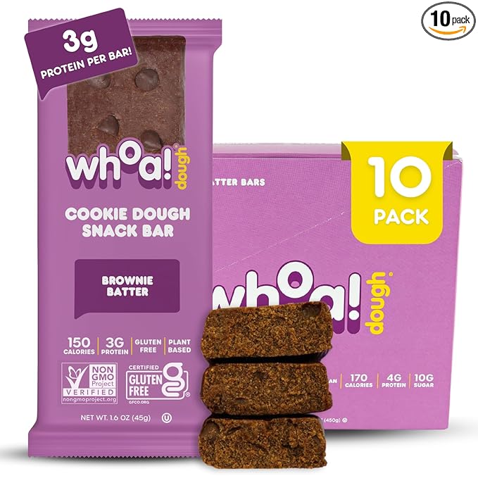 Whoa Dough Edible Cookie Dough Bars- Certified Non-GMO, Kosher and Gluten Free Bars - Healthy Snack Foods - Plant Based Snacks Made With Real Ingredients - Brownie Batter Cookie Dough - 10 Pack