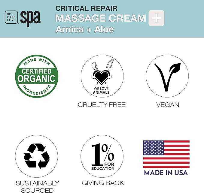 Be Care Love Spa Critical Repair Massage Cream with Organic Arnica and Organic Aloe Natural Vegan Clean Beauty Made in USA 16 fl oz