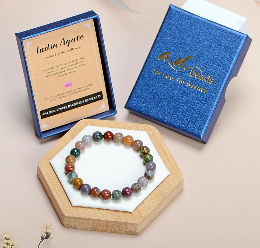 AD Beads Handmade Gemstone Stretch Elastic Bracelet Crystal Healing Reiki Nature's Beauty and Spiritual Essence Unisex (8mm, Indian Agate)