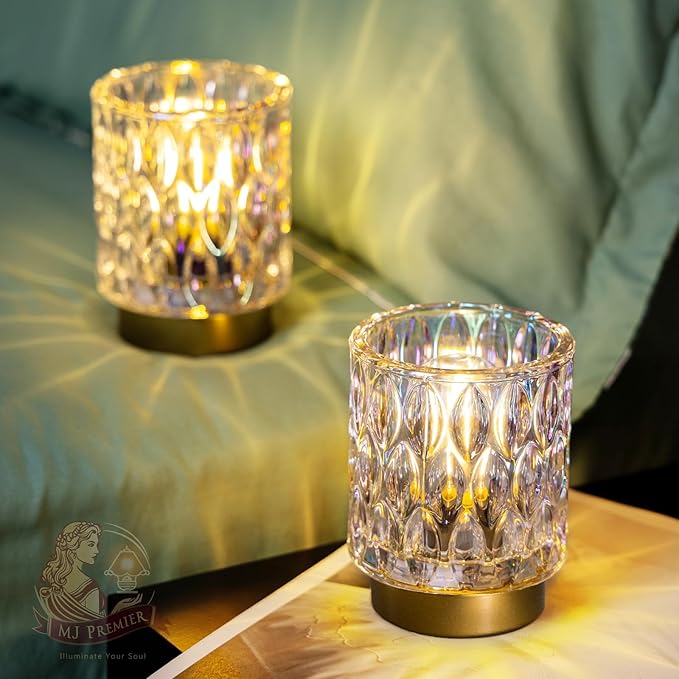 Battery Operated Table Lamps Timer, Mini Crystal Lamp for Area No Plug, Cordless Lamp with LED Bulb for Power Outage, Decorative Lamps for Tabletop/Corner/Entryway/Stairway/Bathroom/Fireplace(2*PEARL)