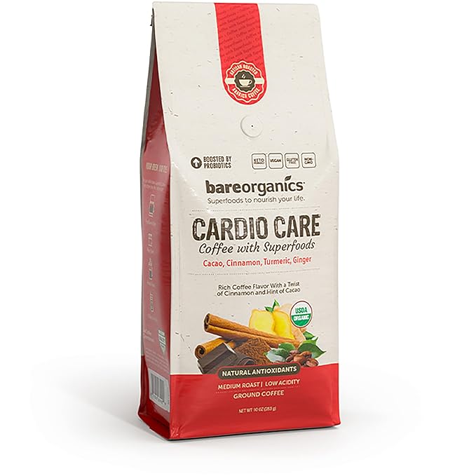 Cardio Care Organic Ground Bagged Coffee – Probiotic Coffee with Cacao, Ginger, Turmeric & Cinnamon – Healthy Superfood, Mold Free, Vegan, Gluten Free 10 oz
