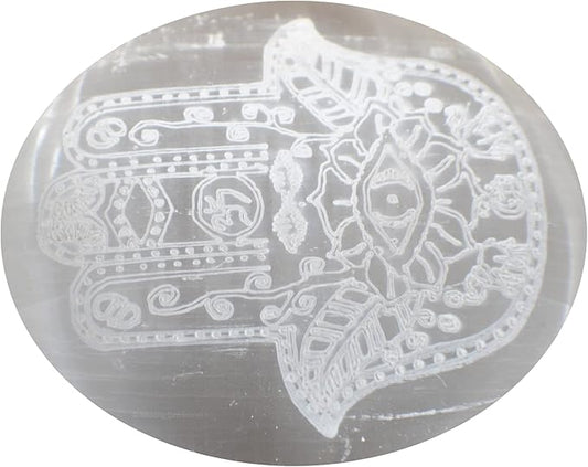 Amazing Gemstone Selenite Palm Stone - Hamsa Hand Engraved Hot Massage Worry Stone for Natural Body Chakra Balancing, Reiki Healing and Crystal Grid
