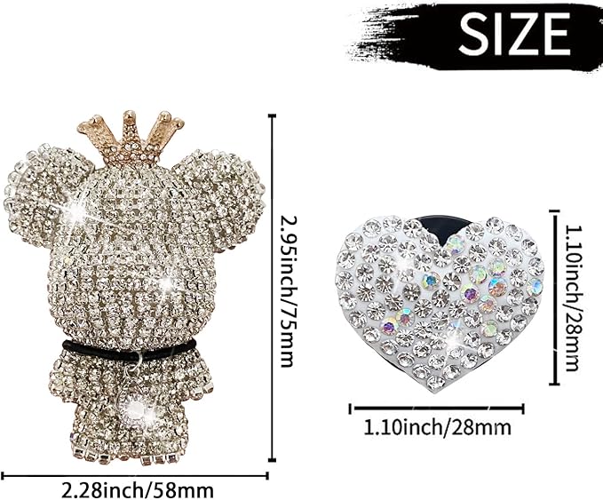 Heart & Bear 4 Pcs Bling Heart Air Vent Clips, Diamond Car Diffuser, Car Interior Decor + Cute Butterfly Mask Hook