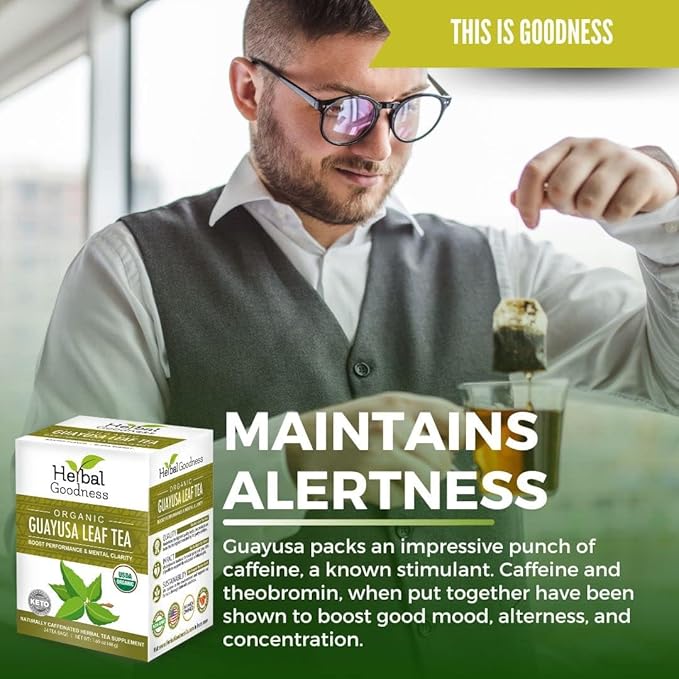 Herbal Goodness Organic Guayusa Leaf Tea Bags – Natural Energy Tea with Antioxidants & Smooth Caffeine | Smooth Focus | 24 Eco-Friendly Teabags – Caffeine Boost Without Jitters - | Yerba Mate Alternative, with Herbal Loose Leaf Tea Benefits