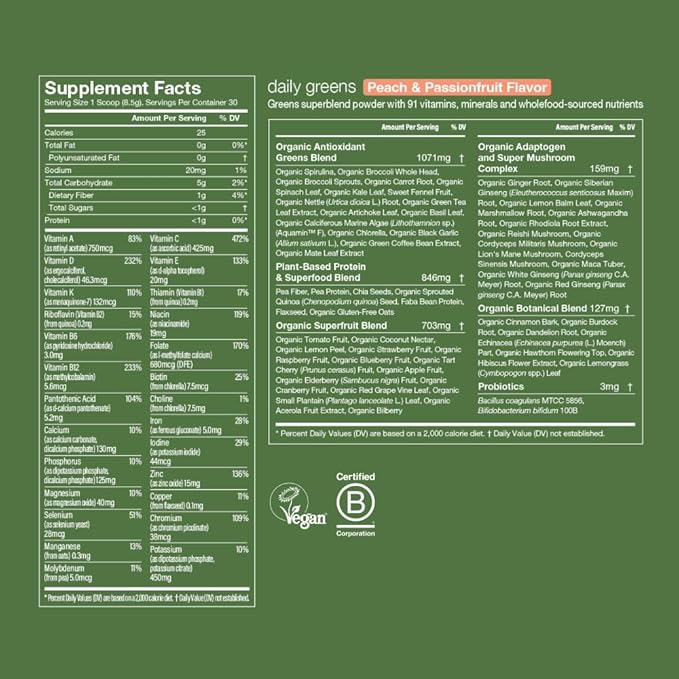 Huel Daily Greens Peach Passionfruit | Superfood Greens Powder | 91 Vitamins, Minerals, and Wholefood-Sourced Ingredients | Adaptogens, Antioxidants, Gut-Friendly Probiotics | 30 Servings