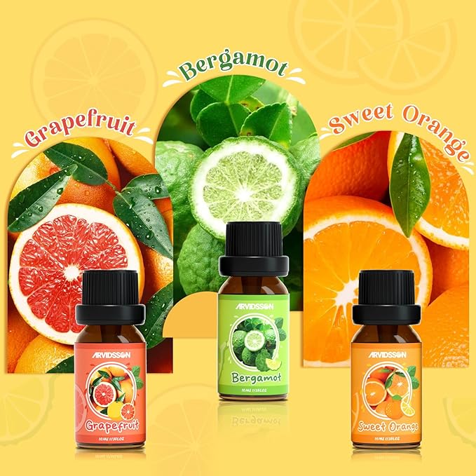 Citrus Essential Oils Set, ARVIDSSON Fresh Fruit Essential Oil for Diffuser, Grapefruit, Bergamot, Sweet Orange, Lemon, Lime, Tangerine, Citrusy Scented Oils Gift for Women