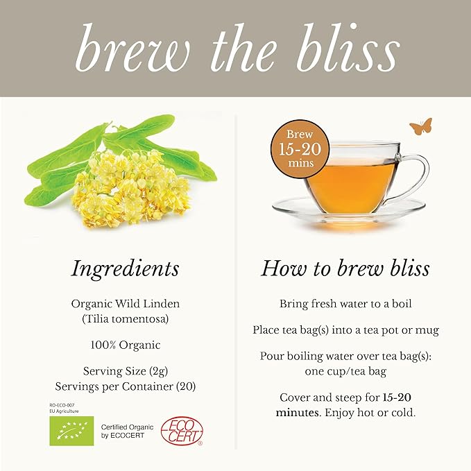 Wild Bliss Organic Linden Flower Herbal Tea - Caffeine Free Tisane - 20 Plant Based Tea Bags