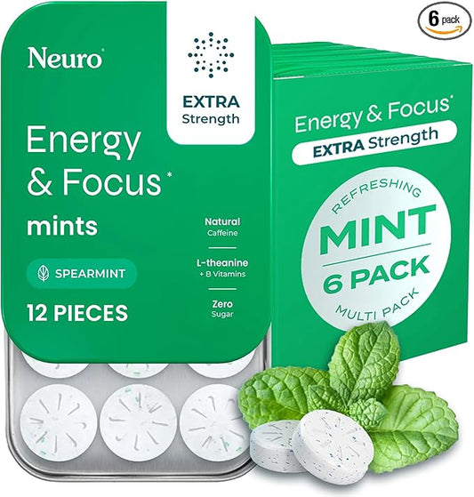 NeuroGum Extra Strength Energy & Focus Mints (Spearmint, 72 Pieces) | 100mg Natural Caffeine + L-Theanine + Vitamin B12 & B6 | Sugar Free Nootropic Cognitive Brain Performance Supplement
