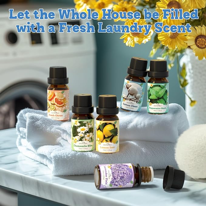 Laundry Fragrance Oils Set, SNOWSEN Clean Essential Oils for Diffuser, Wool Dryer Balls, Cotton Clean, Chamomile Bliss, Fresh Citrus, Lavender Field,Peppermint Burst, Lemon Zest, Freshie Scented Oil