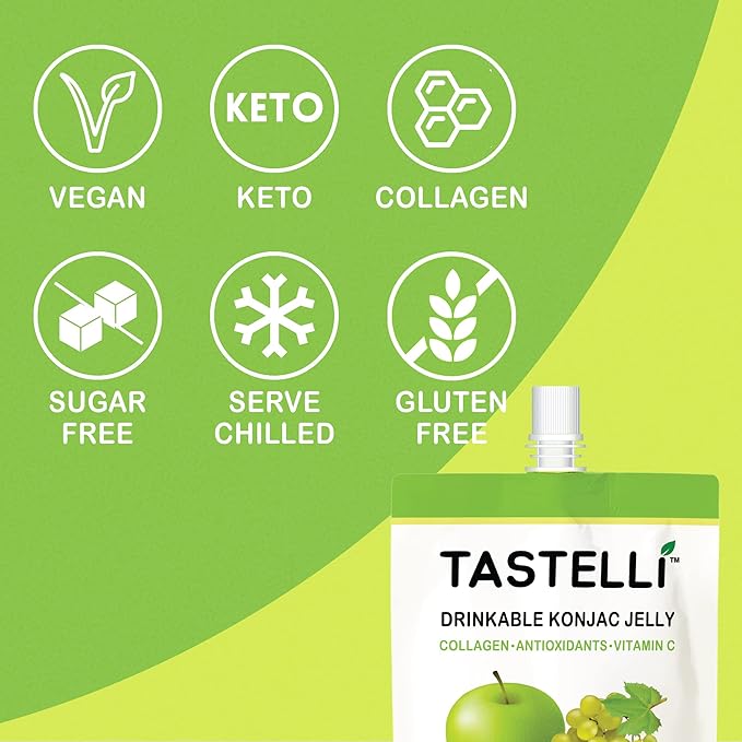 Konjac Jelly Infused with Collagen Drink + Vitamin C + Antioxidants / 10 Calories, Vegan, Zero Sugar/Healthy Drinkable Dessert Pouch / (Apple + Green Grape) - 150mL x 10 Pouches