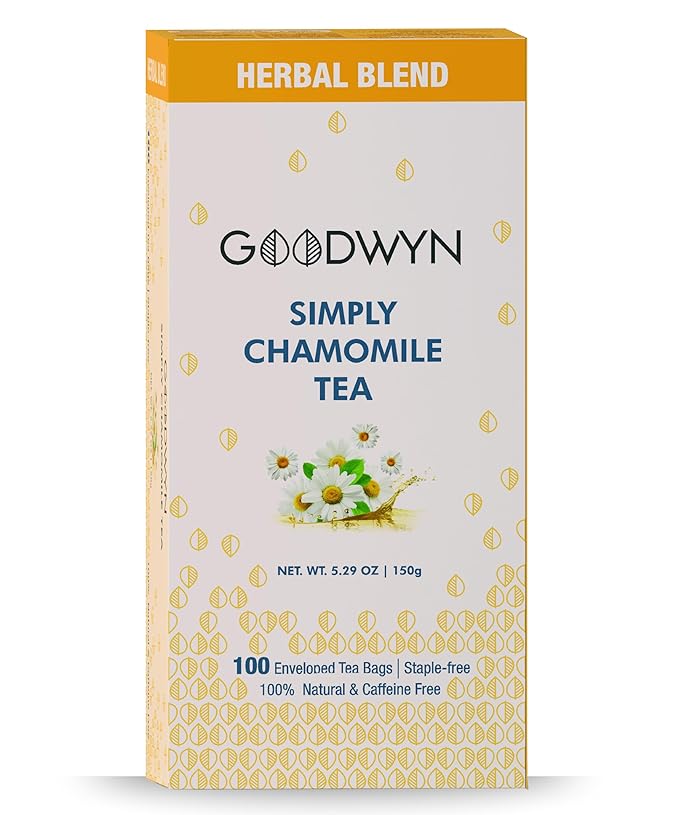 Goodwyn Chamomile Herbal Tea – 100 Count Tea Bags | Herbal Tea with Caffeine-Free Dried Chamomile Flowers & Real Petals | Plastic-Free Individually Wrapped Bags | Travel-Friendly | Aromatic, Soothing | Natural Indian Origin Tea
