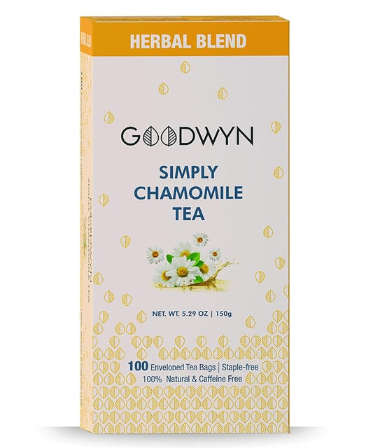 Goodwyn Chamomile Herbal Tea – 100 Count Tea Bags | Herbal Tea with Caffeine-Free Dried Chamomile Flowers & Real Petals | Plastic-Free Individually Wrapped Bags | Travel-Friendly | Aromatic, Soothing | Natural Indian Origin Tea